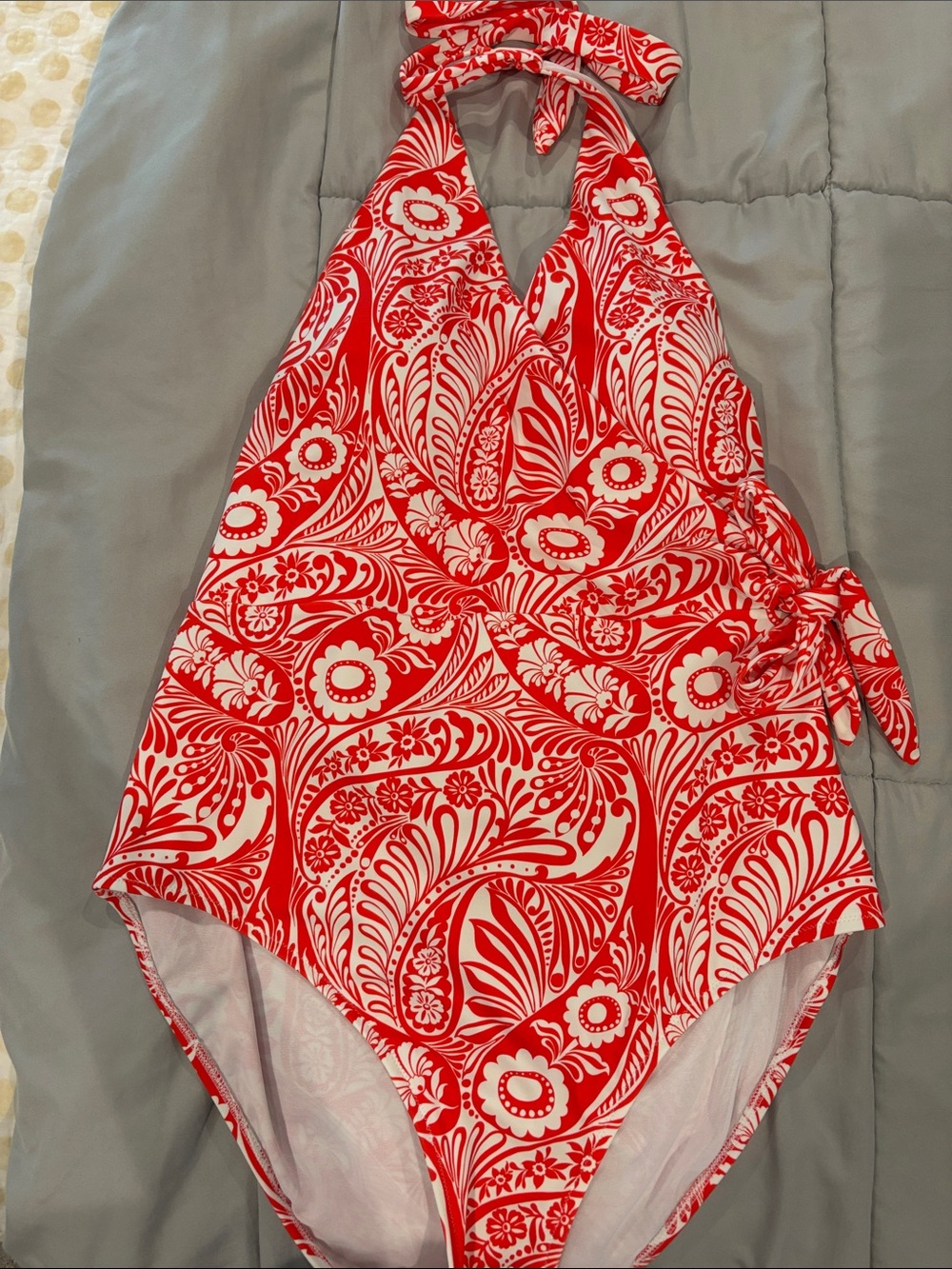 Boden Red and White Paisley Halter One-Piece Swimsuit